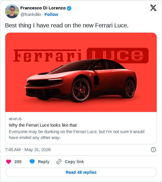Timeline screenshot: Best thing I have read on the new Ferrari Luce. https://t.co/EcDHI63Wxu