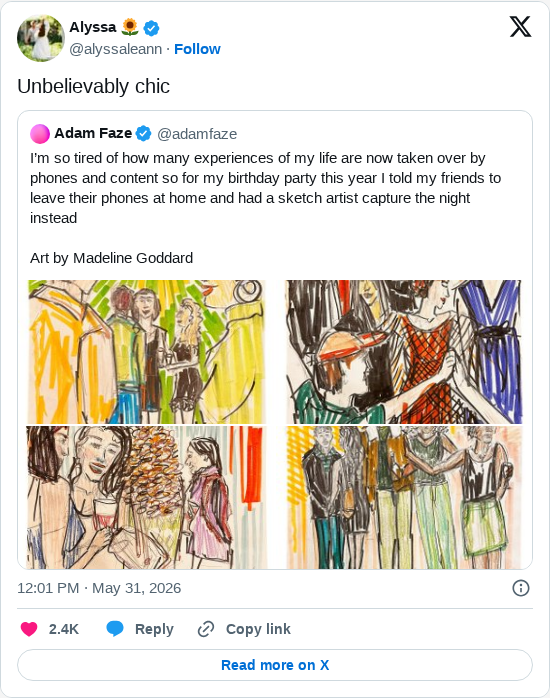 Timeline screenshot: Unbelievably chic https://t.co/OrHqVTtVWR

[quoted @adamfaze]: I’m so tired of how many experiences of my life are now taken over by phones and content so fo…