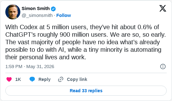 Timeline screenshot: With Codex at 5 million users, they’ve hit about 0.6% of ChatGPT’s roughly 900 million users. We are so, so early. The vast majority of people have no idea w…