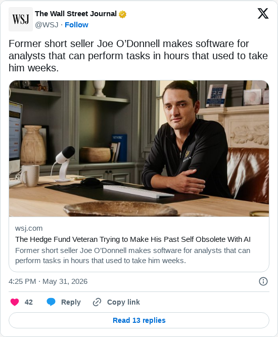 Timeline screenshot: Former short seller Joe O’Donnell makes software for analysts that can perform tasks in hours that used to take him weeks. https://t.co/5axzCxA7kt