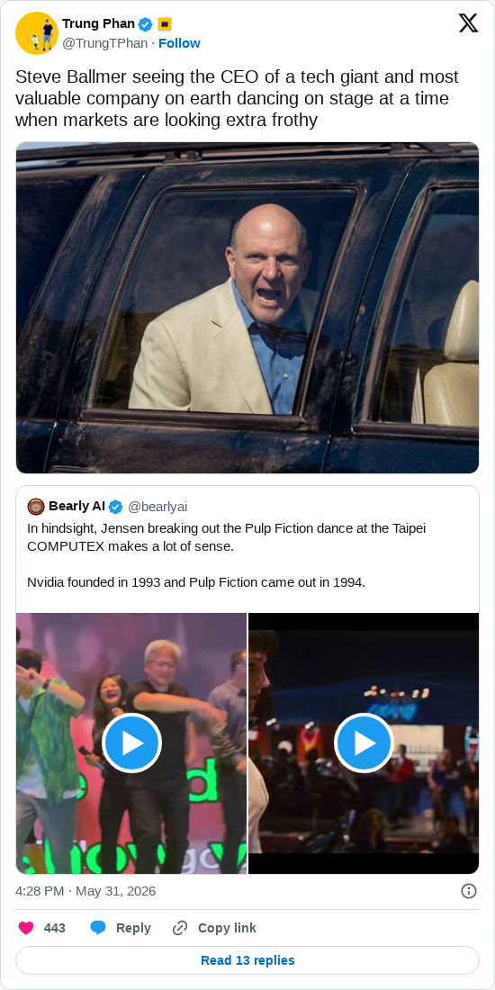 Timeline screenshot: Steve Ballmer seeing the CEO of a tech giant and most valuable company on earth dancing on stage at a time when markets are looking extra frothy https://t.co…