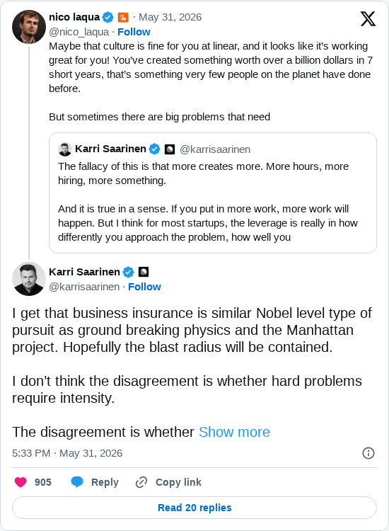 Timeline screenshot: I get that business insurance is similar Nobel level type of pursuit as ground breaking physics and the Manhattan project. Hopefully the blast radius will be…