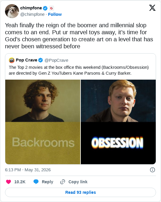 Timeline screenshot: Yeah finally the reign of the boomer and millennial slop comes to an end. Put ur marvel toys away, it’s time for God’s chosen generation to create art on a l…
