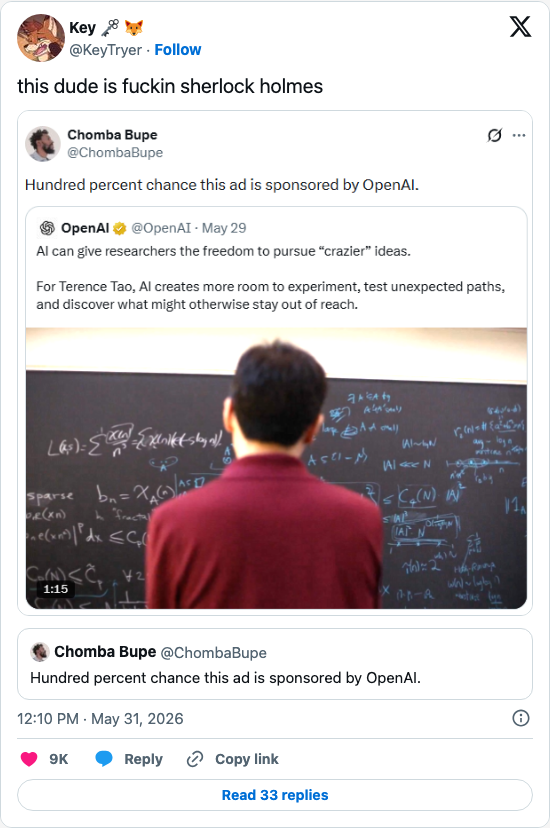 Timeline screenshot: this dude is fuckin sherlock holmes https://t.co/x2apyi6deT pic.twitter.com/mMiImft7NM

[quoted @chombabupe]: Hundred percent chance this ad is sponsored by …