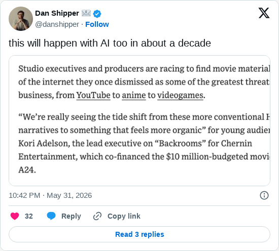 Timeline screenshot: this will happen with AI too in about a decade pic.twitter.com/idtwKdvJ0T