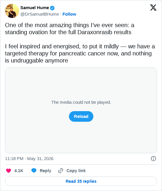 Timeline screenshot: One of the most amazing things I’ve ever seen: a standing ovation for the full Daraxonrasib results
I feel inspired and energised, to put it mildly — we hav…