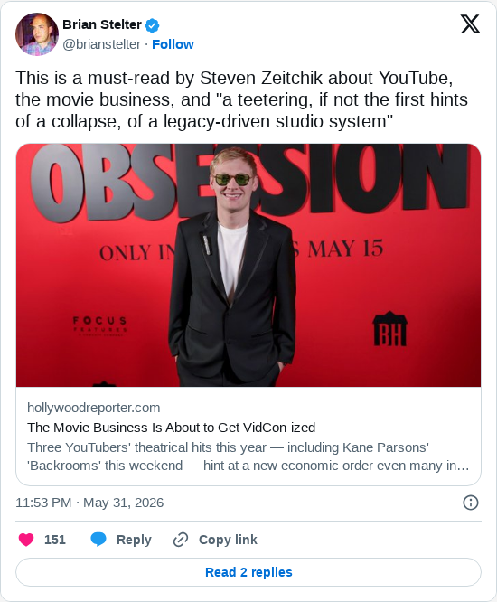 Timeline screenshot: This is a must-read by Steven Zeitchik about YouTube, the movie business, and "a teetering, if not the first hints of a collapse, of a legacy-driven studio s…