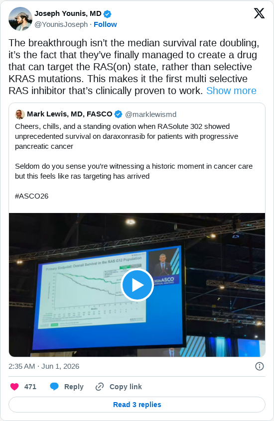 Timeline screenshot: The breakthrough isn’t the median survival rate doubling, it’s the fact that they’ve finally managed to create a drug that can target the RAS(on) state, rath…