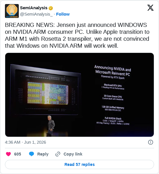 Timeline screenshot: BREAKING NEWS: Jensen just announced WINDOWS on NVIDIA ARM consumer PC. Unlike Apple transition to ARM M1 with Rosetta 2 transpiler, we are not convinced tha…
