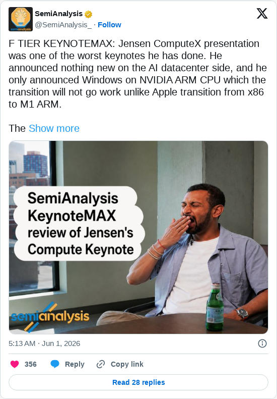 Timeline screenshot: F TIER KEYNOTEMAX: Jensen ComputeX presentation was one of the worst keynotes he has done. He announced nothing new on the AI datacenter side, and he only an…