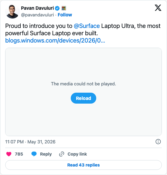 Timeline screenshot: Proud to introduce you to @Surface Laptop Ultra, the most powerful Surface Laptop ever built. https://t.co/mc8lVl3rUC pic.twitter.com/ZS0qM9gR7o
