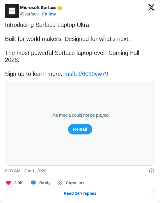 Timeline screenshot: Introducing Surface Laptop Ultra.
Built for world makers. Designed for what's next.
The most powerful Surface laptop ever. Coming Fall 2026.
Sign up to le…