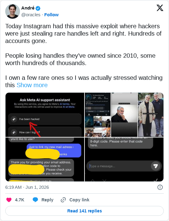 Timeline screenshot: Today Instagram had this massive exploit where hackers were just stealing rare handles left and right. Hundreds of accounts gone.
People losing handles the…