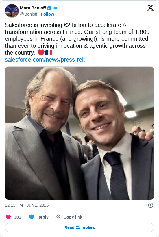 Timeline screenshot: Salesforce is investing €2 billion to accelerate AI transformation across France. Our strong team of 1,800 employees in France (and growing!), is more commit…