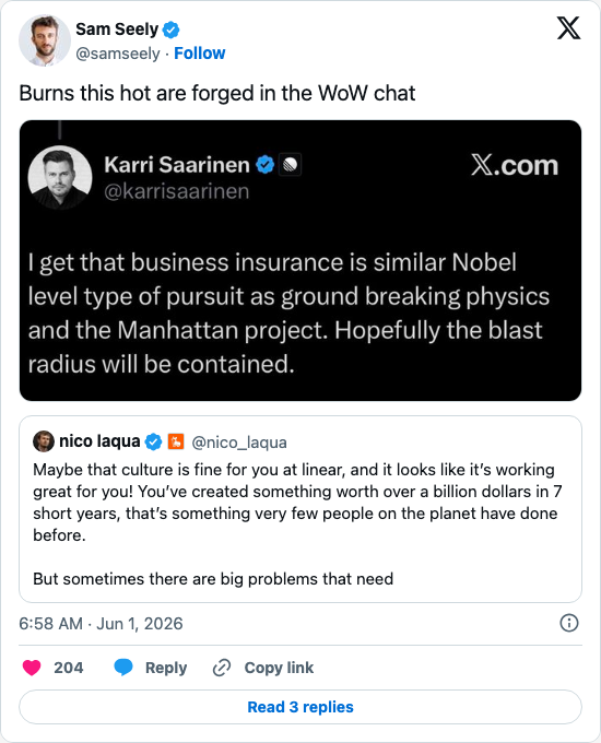 Timeline screenshot: Burns this hot are forged in the WoW chat https://t.co/onNZ9s5WXb pic.twitter.com/91UjXC64uF

[quoted @nico_laqua]: Maybe that culture is fine for you at lin…