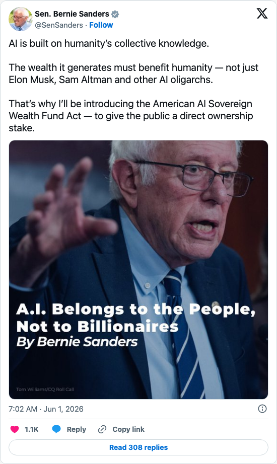 Timeline screenshot: AI is built on humanity’s collective knowledge.
The wealth it generates must benefit humanity — not just Elon Musk, Sam Altman and other AI oligarchs.
That…