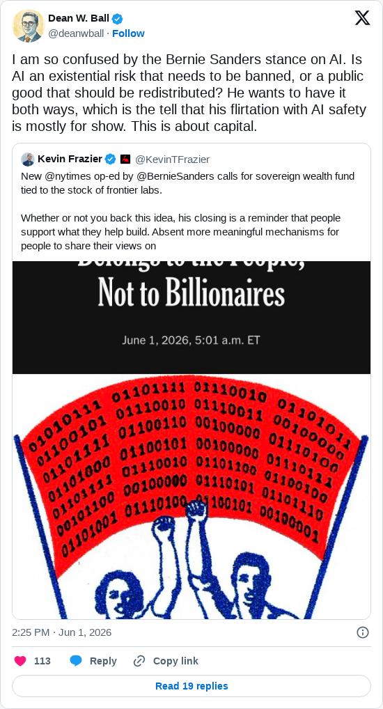 Timeline screenshot: I am so confused by the Bernie Sanders stance on AI. Is AI an existential risk that needs to be banned, or a public good that should be redistributed? He wan…