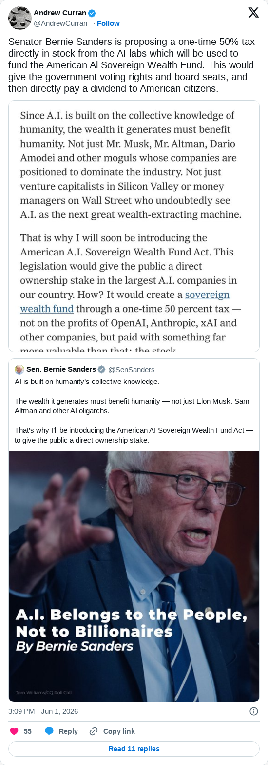 Timeline screenshot: Senator Bernie Sanders is proposing a one-time 50% tax directly in stock from the AI labs which will be used to fund the American Al Sovereign Wealth Fund. T…
