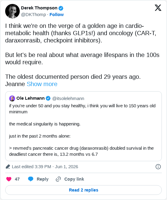 Timeline screenshot: I think we're on the verge of a golden age in cardio-metabolic health (thanks GLP1s!) and oncology (CAR-T, daraxonrasib, checkpoint inhibitors).
But let's …