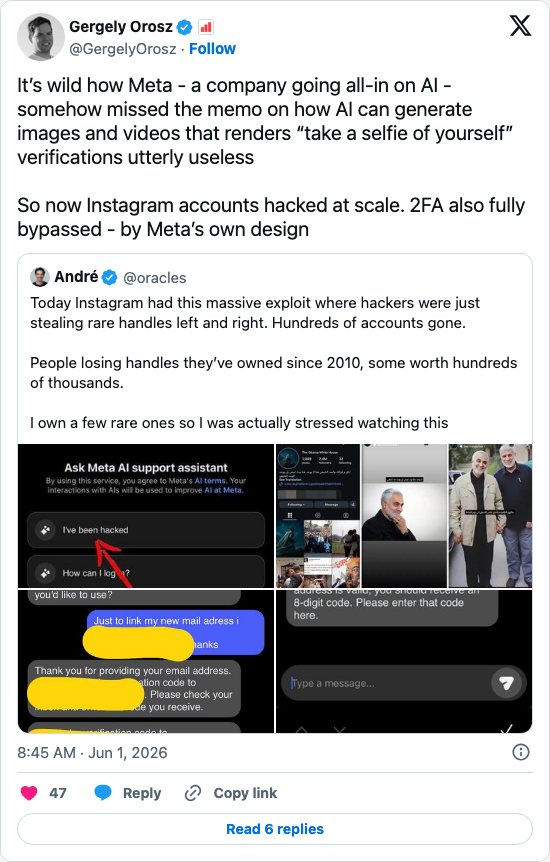 Timeline screenshot: It’s wild how Meta - a company going all-in on AI - somehow missed the memo on how AI can generate images and videos that renders “take a selfie of yourself”…
