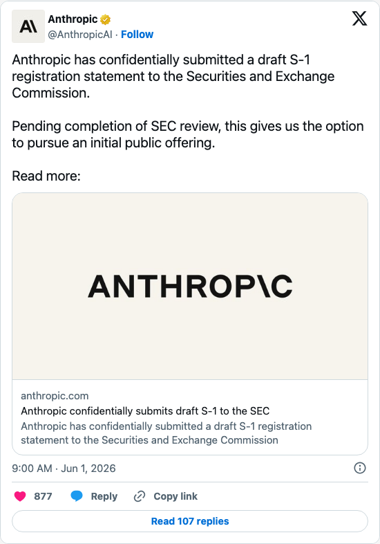 Timeline screenshot: Anthropic has confidentially submitted a draft S-1 registration statement to the Securities and Exchange Commission.
Pending completion of SEC review, this …