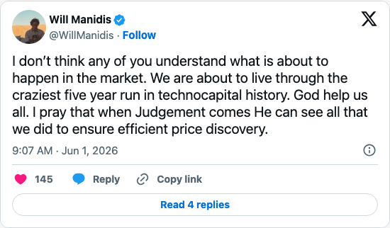 Timeline screenshot: I don’t think any of you understand what is about to happen in the market. We are about to live through the craziest five year run in technocapital history. …