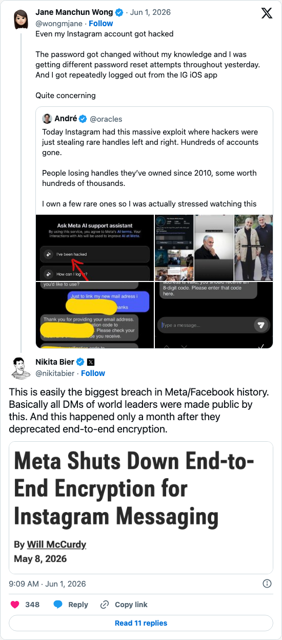 Timeline screenshot: This is easily the biggest breach in Meta/Facebook history. Basically all DMs of world leaders were made public by this. And this happened only a month after…