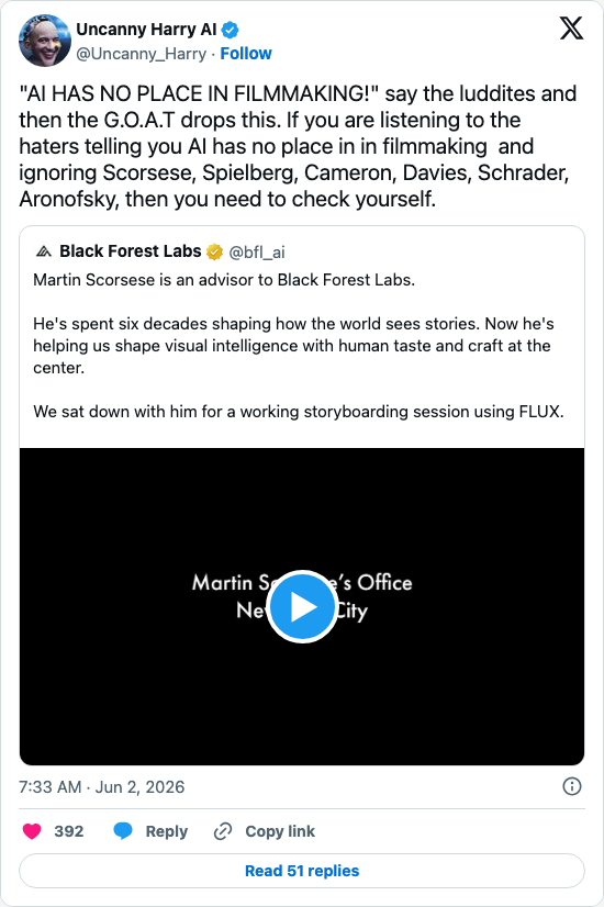 Timeline screenshot: "AI HAS NO PLACE IN FILMMAKING!" say the luddites and then the G.O.A.T drops this. If you are listening to the haters telling you AI has no place in in filmm…