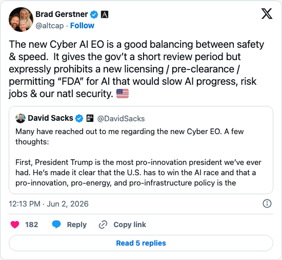 Timeline screenshot: The new Cyber AI EO is a good balancing between safety & speed.  It gives the gov’t a short review period but expressly prohibits a new licensing / pre-clear…