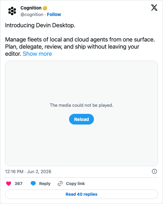 Timeline screenshot: Introducing Devin Desktop.

Manage fleets of local and cloud agents from one surface. Plan, delegate, review, and ship without leaving your editor. pic.twitt…