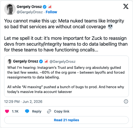 Timeline screenshot: You cannot make this up: Meta nuked teams like Integrity so bad that services are without oncall coverage 💀 

Let me spell it out: it’s more important for Z…