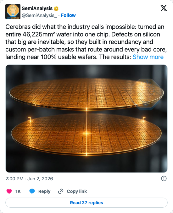Timeline screenshot: Cerebras did what the industry calls impossible: turned an entire 46,225mm² wafer into one chip. Defects on silicon that big are inevitable, so they built in…
