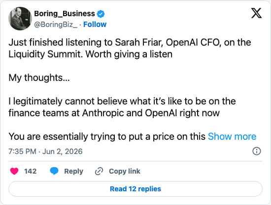 Timeline screenshot: Just finished listening to Sarah Friar, OpenAI CFO, on the Liquidity Summit. Worth giving a listen

My thoughts…

I legitimately cannot believe what it’s lik…