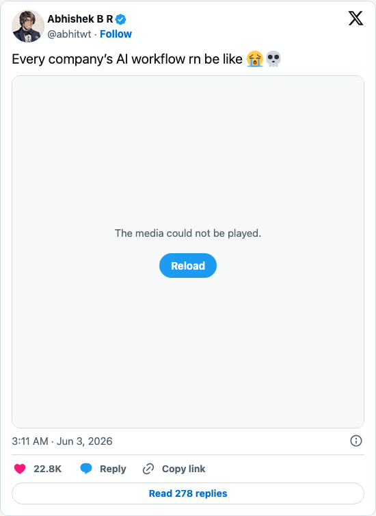 Timeline screenshot: Every company’s AI workflow rn be like 😭💀 pic.twitter.com/lMeO43Am3M

[quoted @folaoftech]: Your company’s new “AI agent workflow” 🤣

That was painful to …