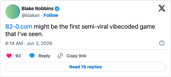 Timeline screenshot: https://t.co/yEi9KrpNLh might be the first semi-viral vibecoded game that I've seen.