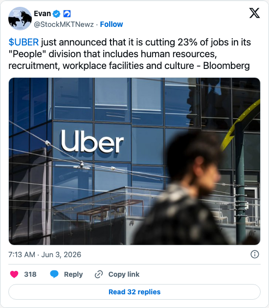 Timeline screenshot: $UBER just announced that it is cutting 23% of jobs in its "People" division that includes human resources, recruitment, workplace facilities and culture - B…