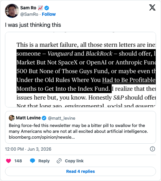 Timeline screenshot: I was just thinking this https://t.co/nXZtvs4xNN pic.twitter.com/JhdizvPVx3

[quoted @matt_levine]: Being force-fed this newsletter may be a bitter pill to s…