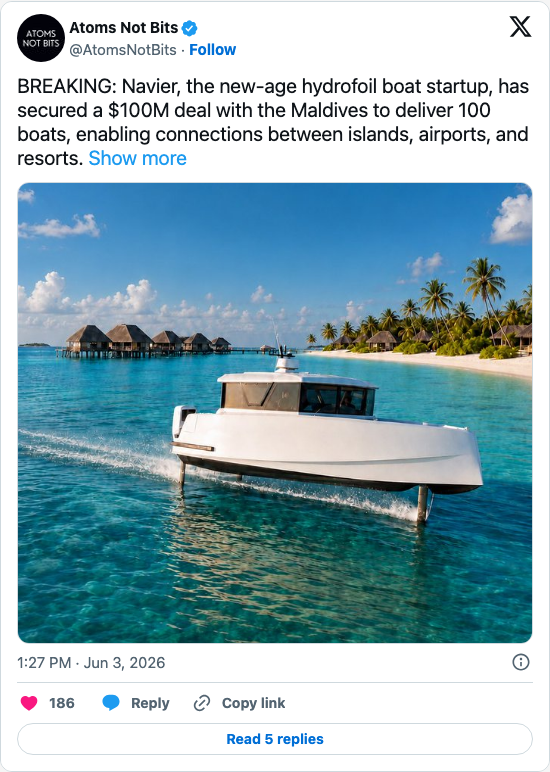 Timeline screenshot: BREAKING: Navier, the new-age hydrofoil boat startup, has secured a $100M deal with the Maldives to deliver 100 boats, enabling connections between islands, …