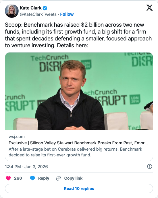 Timeline screenshot: Scoop: Benchmark has raised $2 billion across two new funds, including its first growth fund, a big shift for a firm that spent decades defending a smaller, …