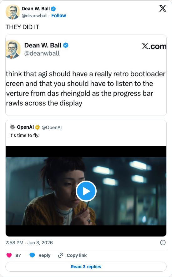 Timeline screenshot: THEY DID IT https://t.co/wfklhgVQZ6 pic.twitter.com/4gTBMUuaCi

[quoted @openai]: It's time to fly. pic.twitter.com/ObUaCZ07EM