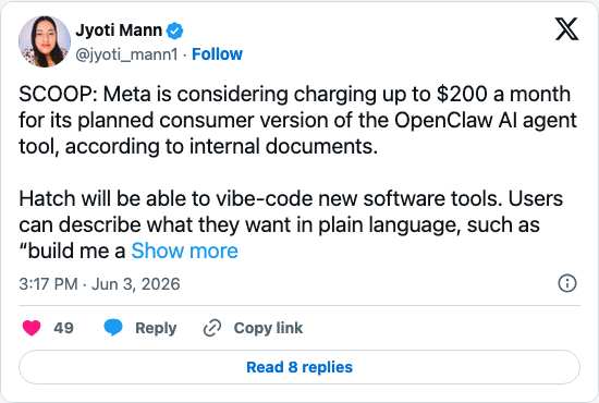 Timeline screenshot: SCOOP: Meta is considering charging up to $200 a month for its planned consumer version of the OpenClaw AI agent tool, according to internal documents.
Hat…