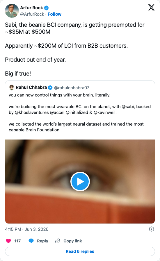 Timeline screenshot: Sabi, the beanie BCI company, is getting preempted for ~$35M at $500M
Apparently ~$200M of LOI from B2B customers.
Product out end of year.
Big if true! h…