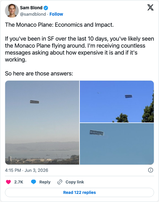 Timeline screenshot: The Monaco Plane: Economics and Impact.
If you've been in SF over the last 10 days, you've likely seen the Monaco Plane flying around. I'm receiving countle…