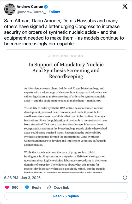 Timeline screenshot: Sam Altman, Dario Amodei, Demis Hassabis and many others have signed a letter urging Congress to increase security on orders of synthetic nucleic acids - and…