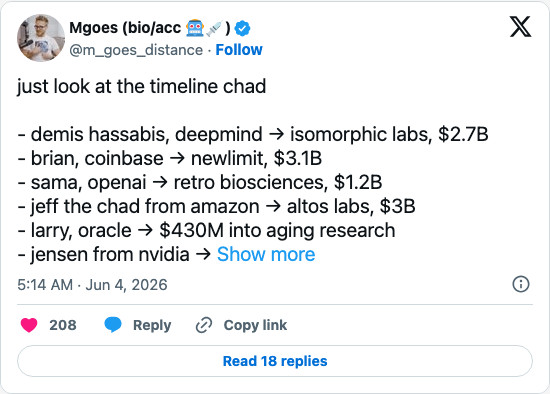 Timeline screenshot: just look at the timeline chad
- demis hassabis, deepmind → isomorphic labs, $2.7B
- brian, coinbase → newlimit, $3.1B
- sama, openai → retro biosciences, $…