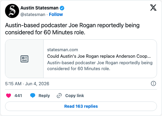 Timeline screenshot: Austin-based podcaster Joe Rogan reportedly being considered for 60 Minutes role. https://t.co/Q3SOtB6qra