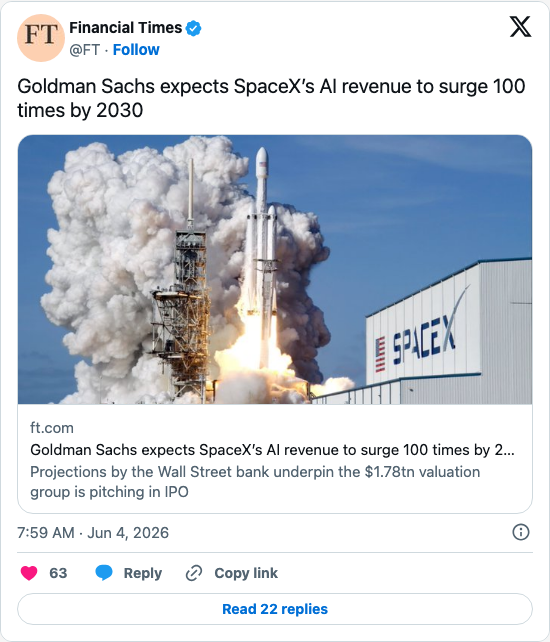 Timeline screenshot: Goldman Sachs expects SpaceX’s AI revenue to surge 100 times by 2030 https://t.co/T6DyELyfpN