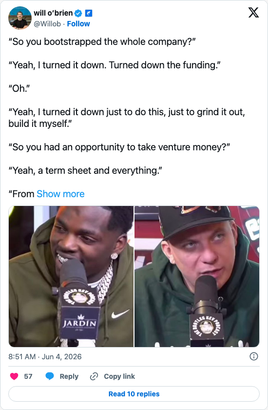 Timeline screenshot: “So you bootstrapped the whole company?”
“Yeah, I turned it down. Turned down the funding.”
“Oh.”
“Yeah, I turned it down just to do this, just to grind i…