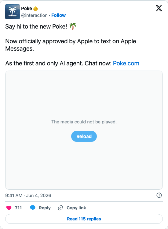Timeline screenshot: Say hi to the new Poke! 🌴
Now officially approved by Apple to text on Apple Messages.
As the first and only AI agent. Chat now: https://t.co/VIWYU64dUI pi…