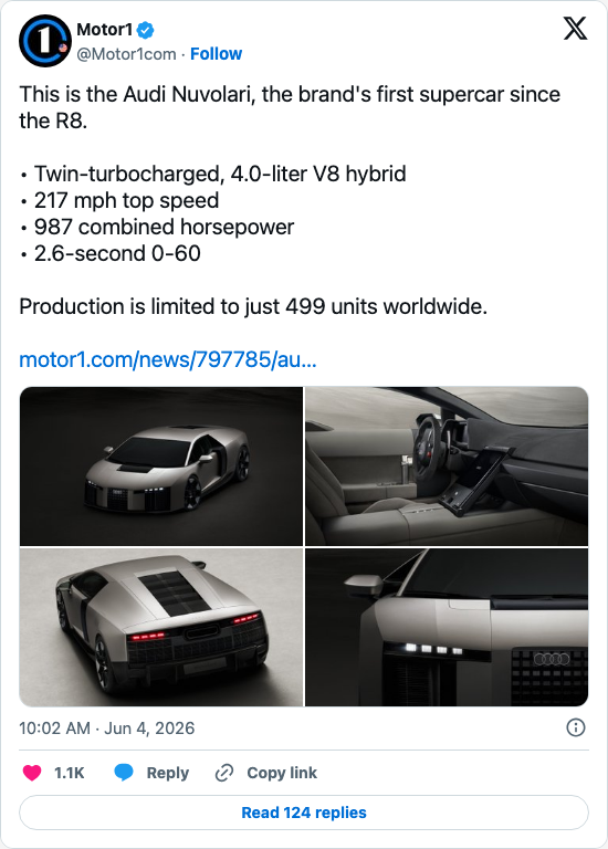 Timeline screenshot: This is the Audi Nuvolari, the brand's first supercar since the R8.
• Twin-turbocharged, 4.0-liter V8 hybrid
• 217 mph top speed
• 987 combined horsepower
•…